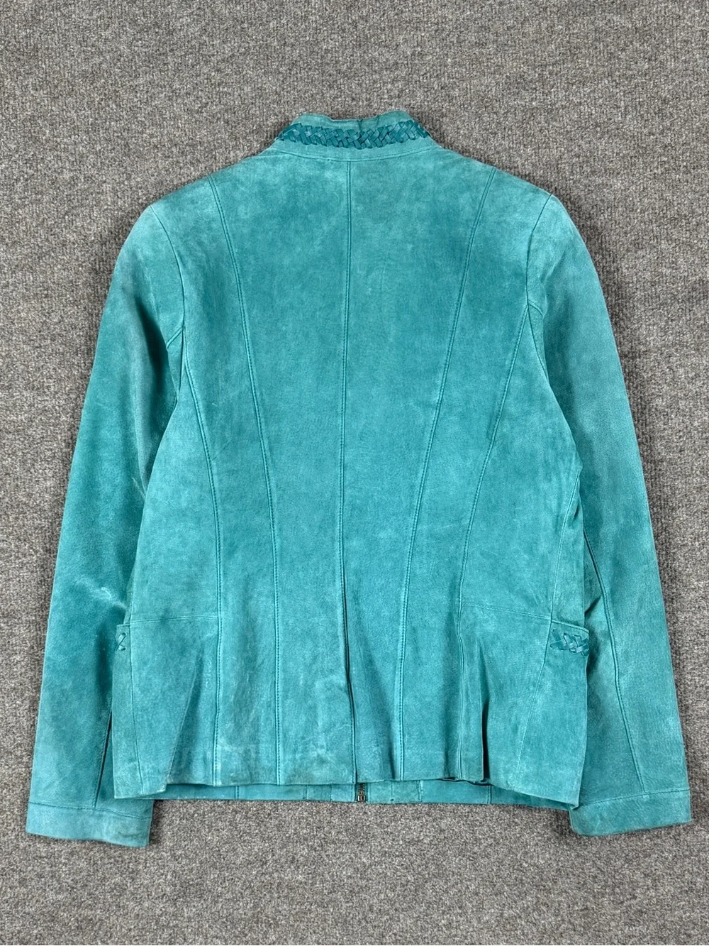 Y2K Bradley Teal Blue Suede Leather Jacket Women’s M Mandarin Collar Woven Trim - Picture 4 of 16